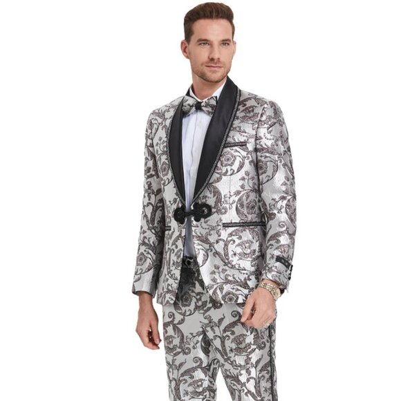Mens Gray Tuxedo Grey Wedding Suit-Mens Silver Black Wedding